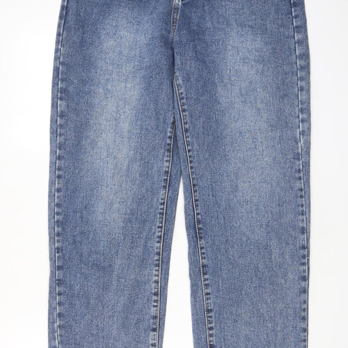 PRETTYLITTLETHING Womens Blue Cotton Wide-Leg Jeans Size 12 L33 in Regular Zip - Split hem
