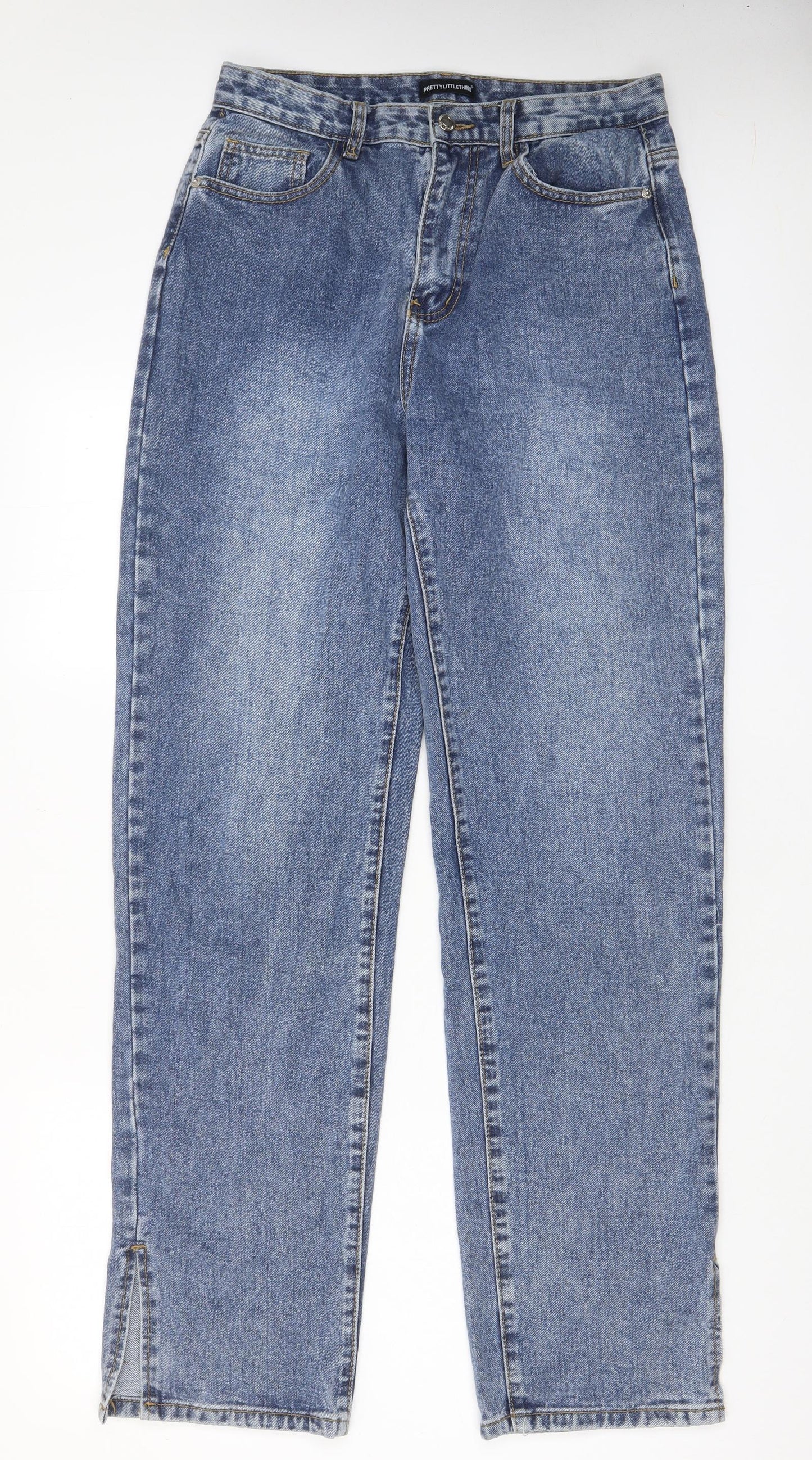 PRETTYLITTLETHING Womens Blue Cotton Wide-Leg Jeans Size 12 L33 in Regular Zip - Split hem