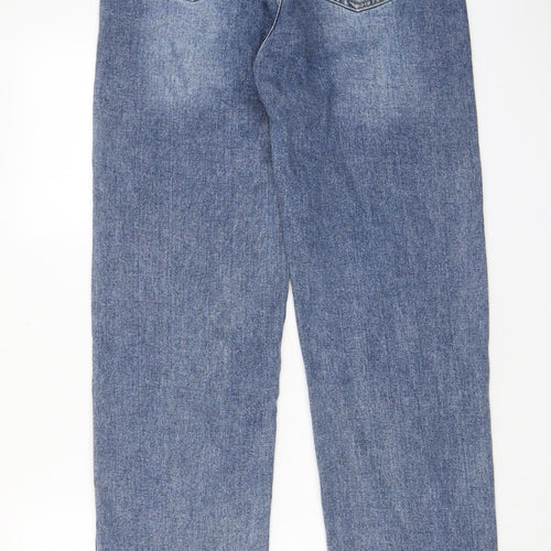 PRETTYLITTLETHING Womens Blue Cotton Wide-Leg Jeans Size 12 L33 in Regular Zip - Split hem