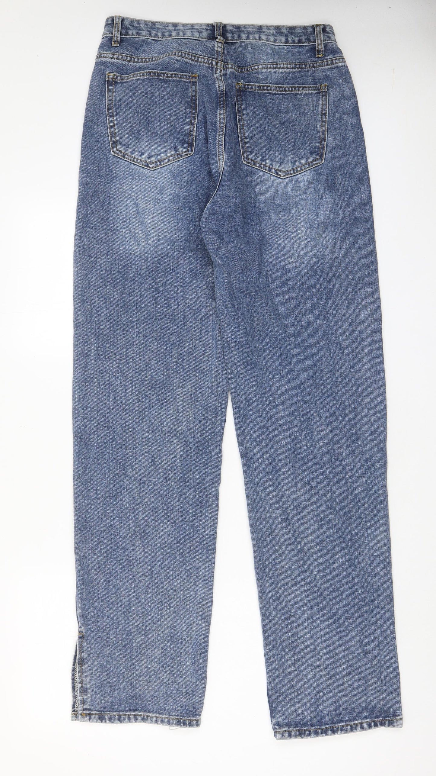 PRETTYLITTLETHING Womens Blue Cotton Wide-Leg Jeans Size 12 L33 in Regular Zip - Split hem