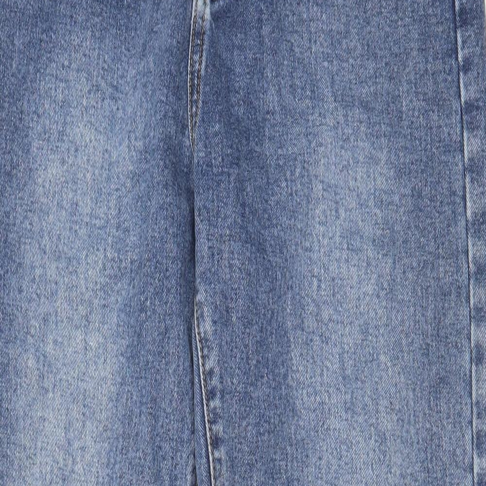 PRETTYLITTLETHING Womens Blue Cotton Wide-Leg Jeans Size 12 L33 in Regular Zip - Split hem