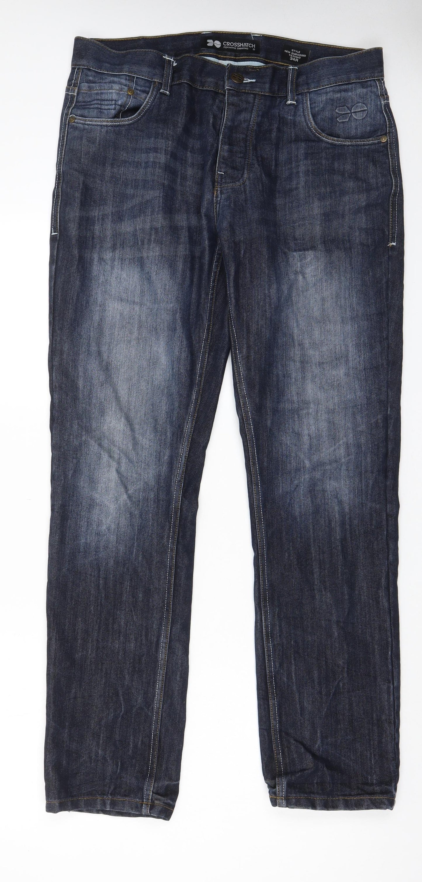 Crosshatch Mens Blue Cotton Straight Jeans Size 34 in L32 in Regular Button - Pockets, Logo
