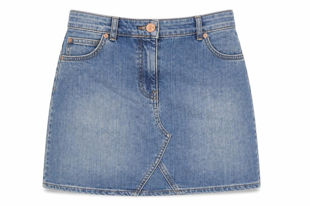 Front view of Oasis women’s blue cotton a-line skirt, size UK 8, zip - pockets