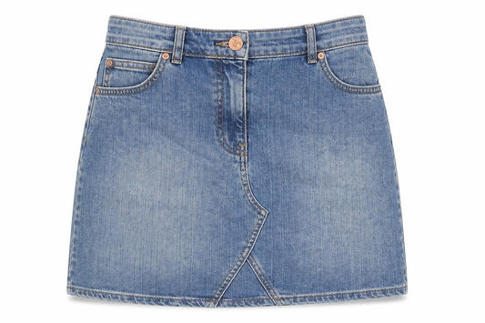 Front view of Oasis women’s blue cotton a-line skirt, size UK 8, zip - pockets
