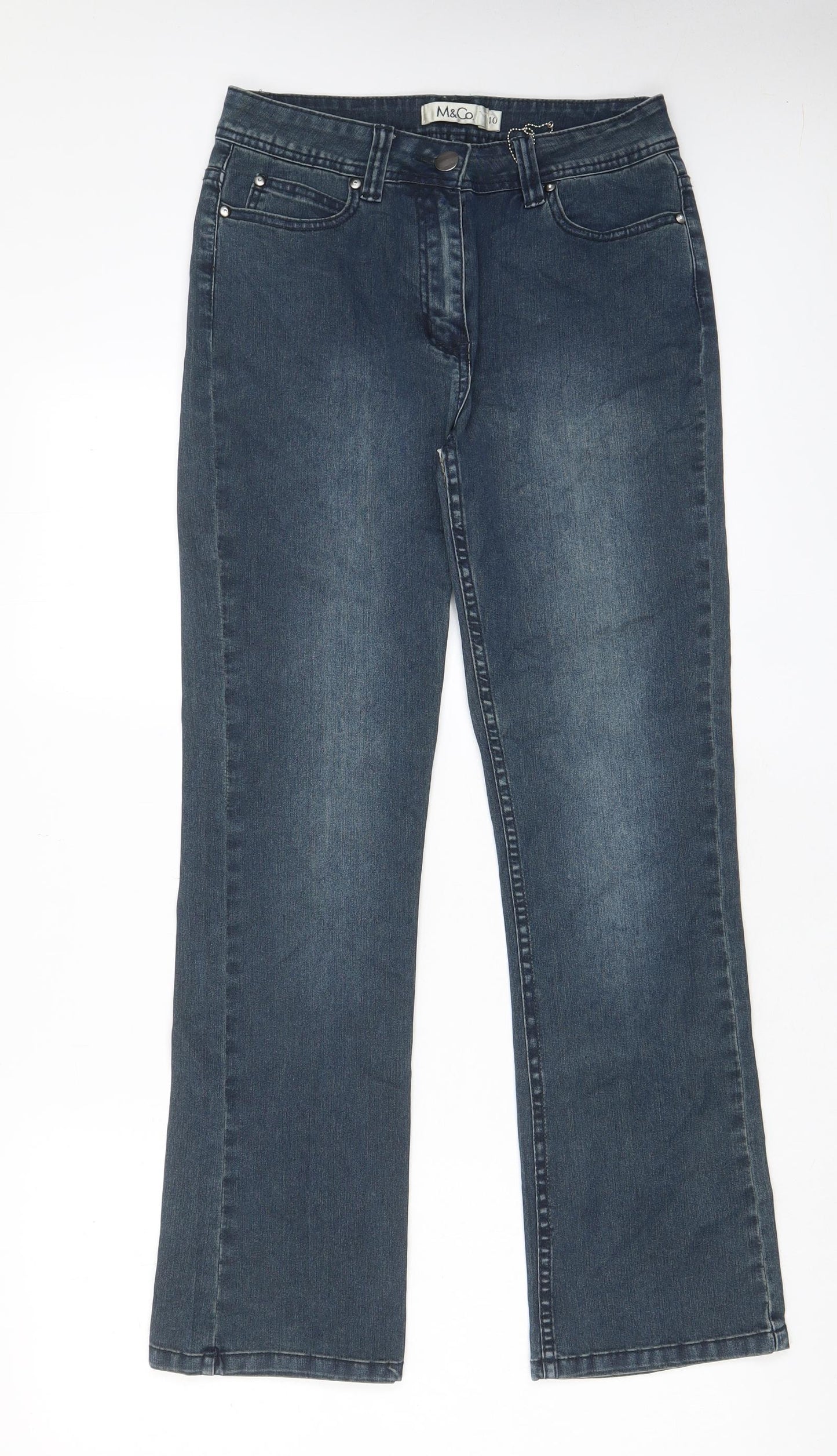 M&Co Womens Blue Cotton Straight Jeans Size 10 L29 in Regular Zip - Pockets, Beaded
