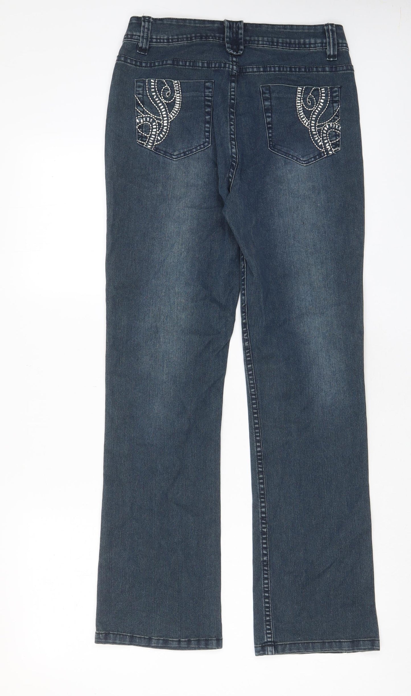 M&Co Womens Blue Cotton Straight Jeans Size 10 L29 in Regular Zip - Pockets, Beaded