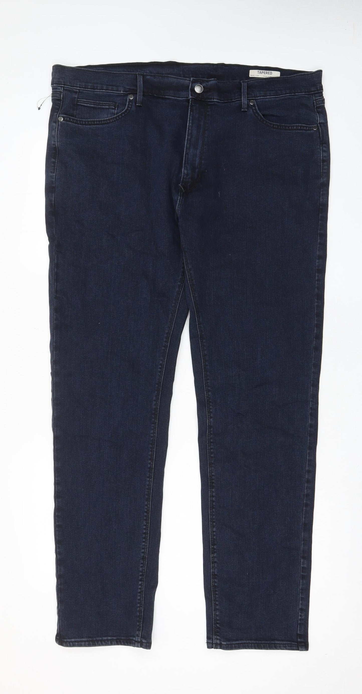Marks and Spencer Mens Blue Cotton Tapered Jeans Size 40 in L33 in Regular Zip - Long Leg, Pockets