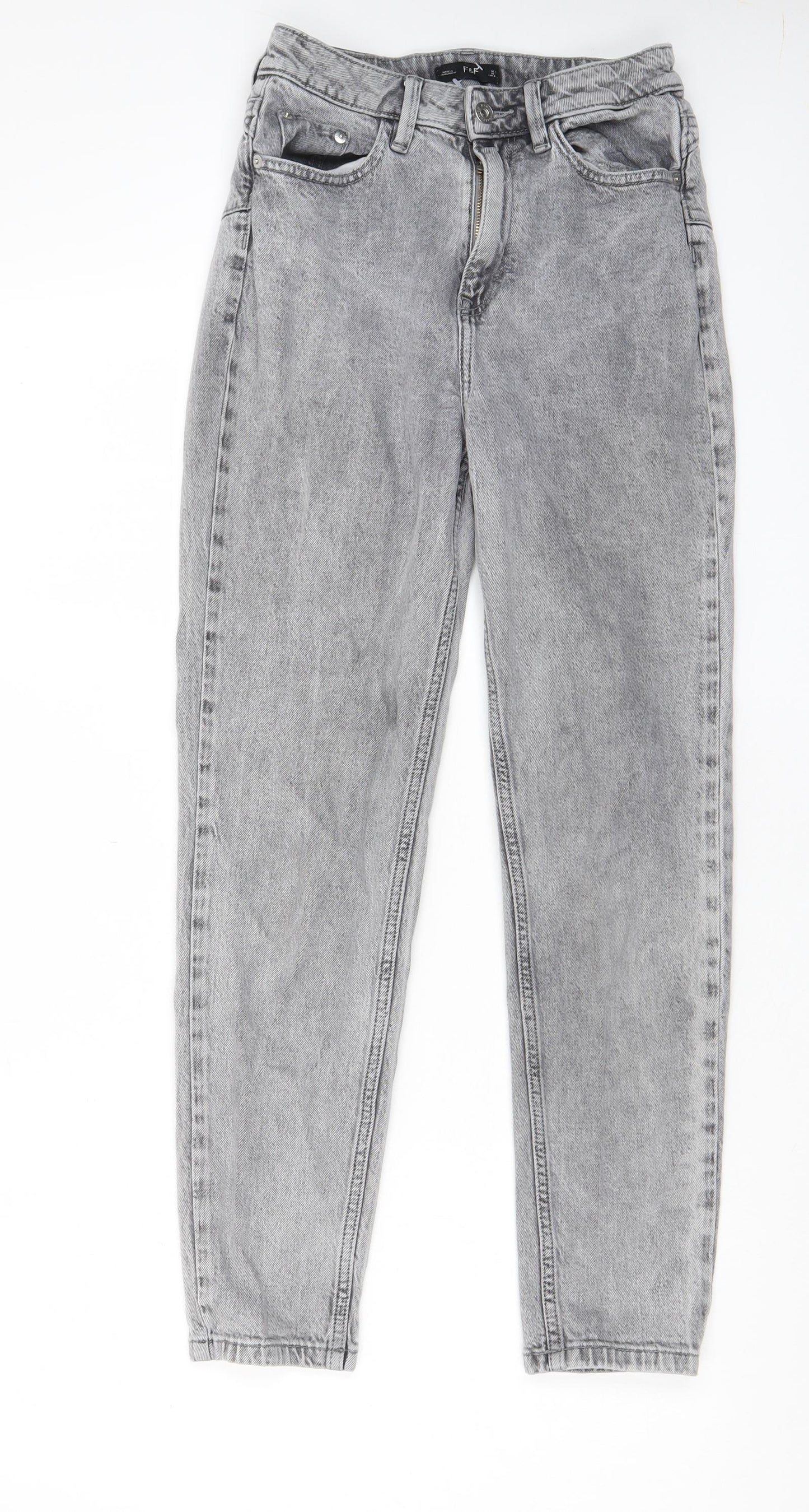 F&F Womens Grey Cotton Straight Jeans Size 6 L28 in Regular Zip - Pockets