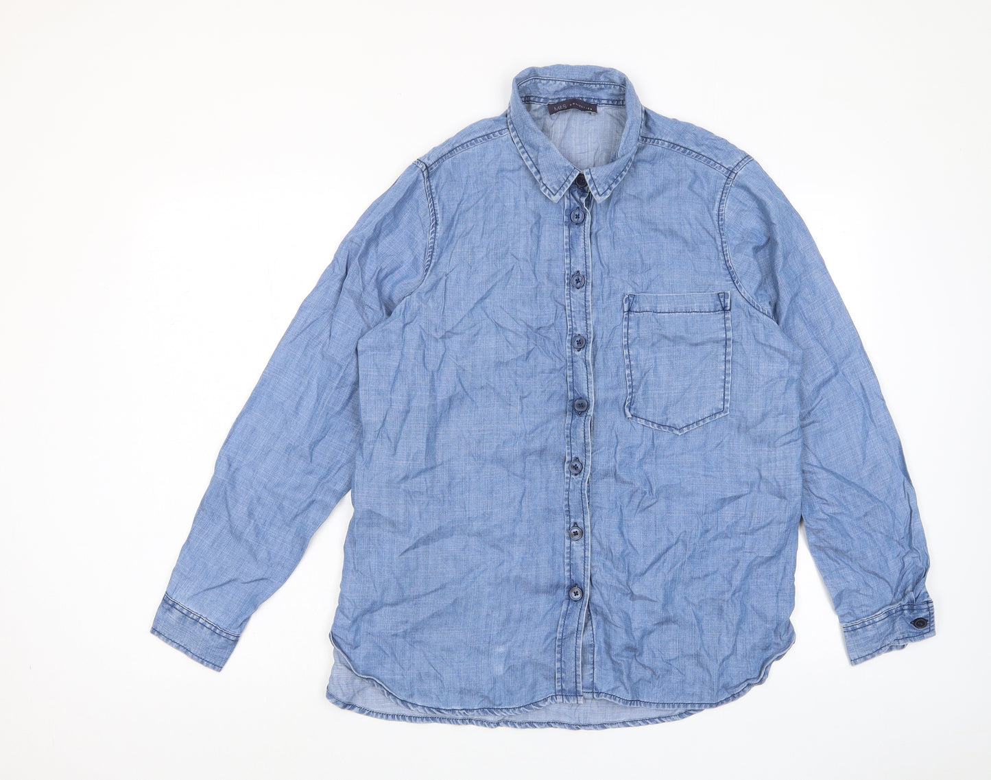 Marks and Spencer Womens Blue Lyocell Basic Button-Up Size 14 Collared - Pocket