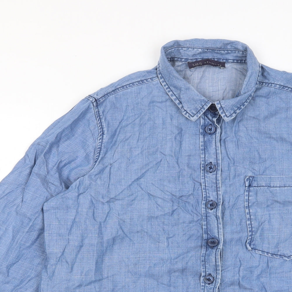Marks and Spencer Womens Blue Lyocell Basic Button-Up Size 14 Collared - Pocket