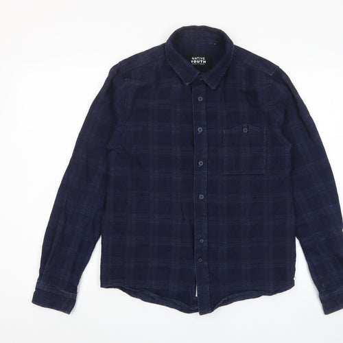 Native Youth Mens Blue Plaid Cotton Button-Up Size S Collared Button