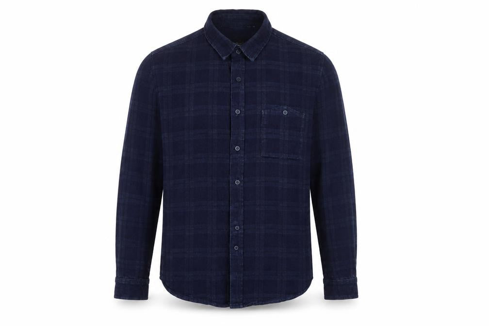 Front view of Native Youth men’s blue plaid cotton button-up, size S, collared button