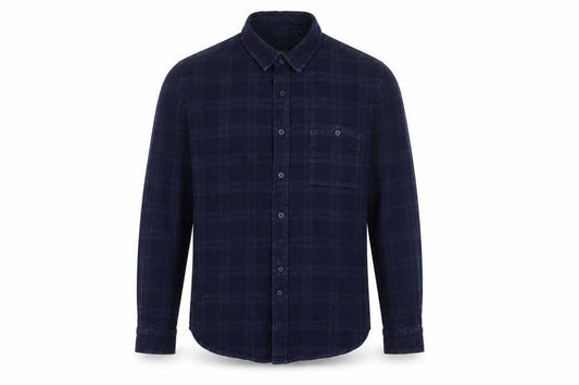 Front view of Native Youth men’s blue plaid cotton button-up, size S, collared button