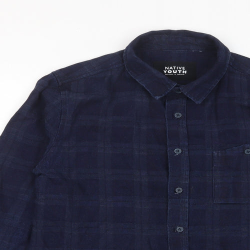 Native Youth Mens Blue Plaid Cotton Button-Up Size S Collared Button