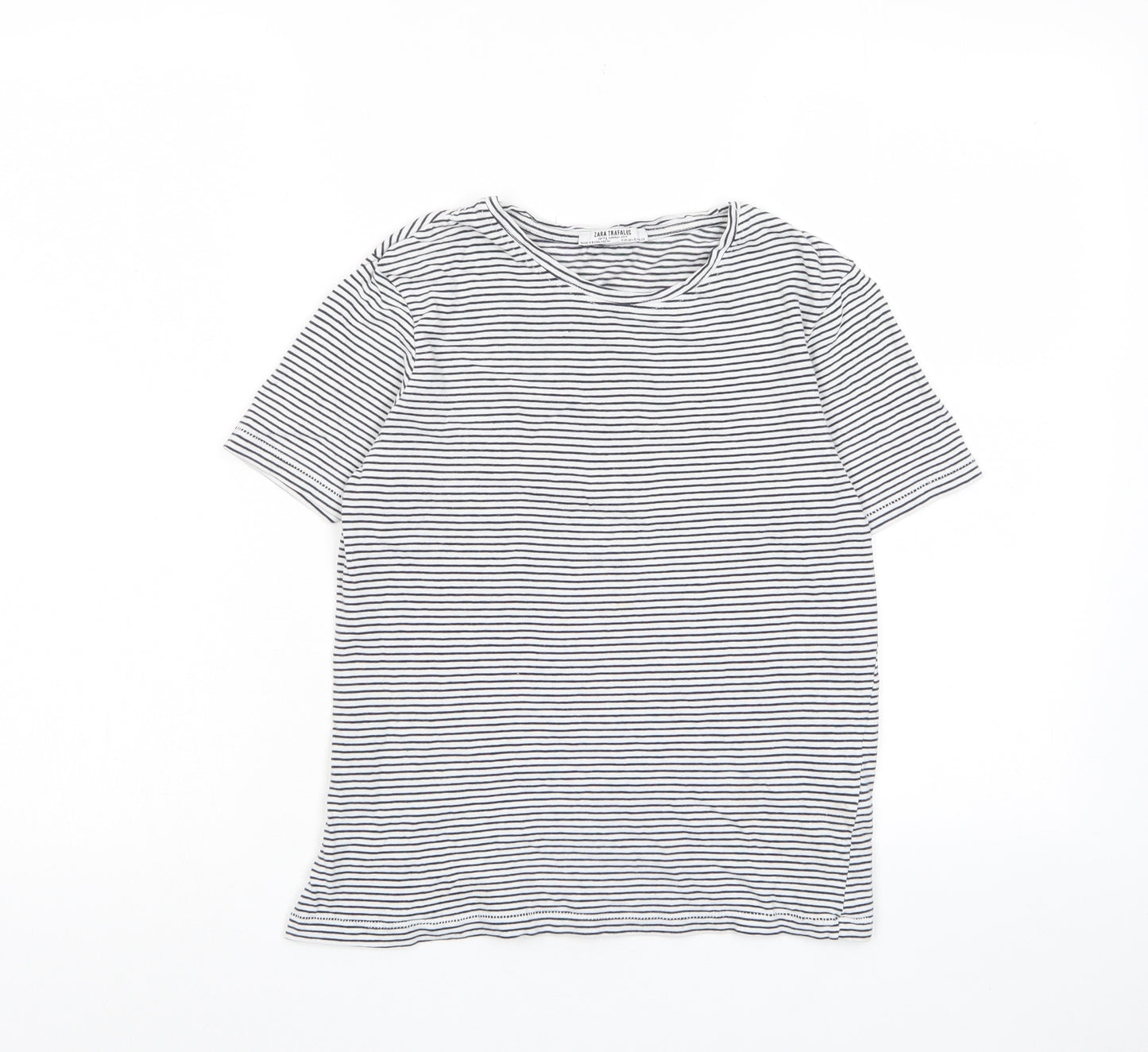 Zara Womens White Striped Cotton Basic T-Shirt Size S Crew Neck