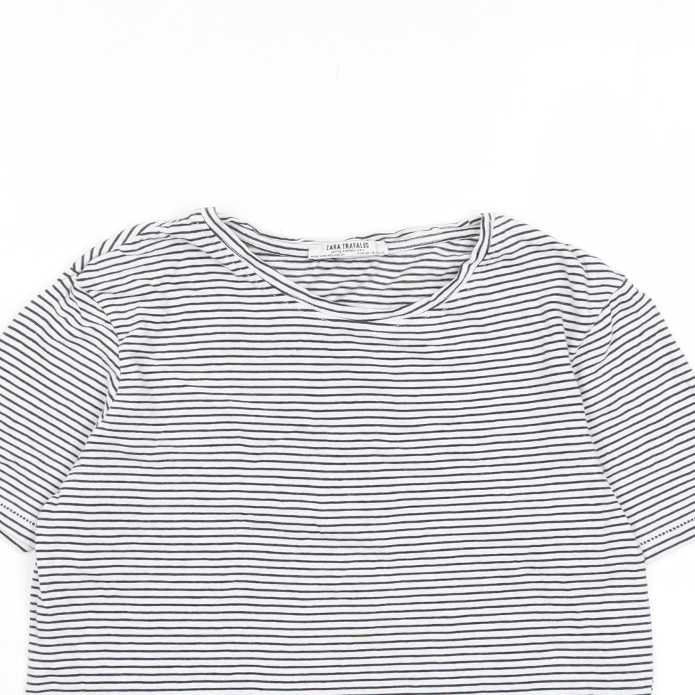 Zara Womens White Striped Cotton Basic T-Shirt Size S Crew Neck