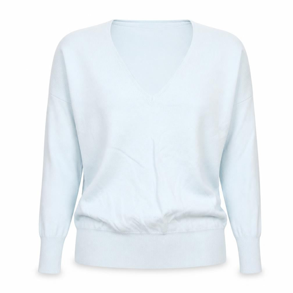 Front view of Capsule women’s blue v-neck viscose jumper, size UK 12