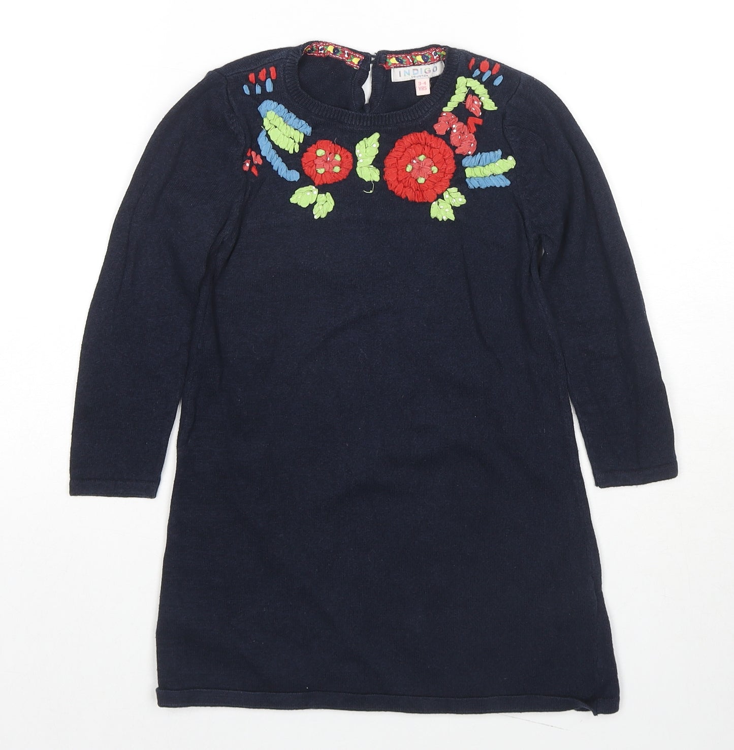 Indigo Girls Blue Round Neck Cotton Tunic Jumper Size 3-4 Years Button - Flowers