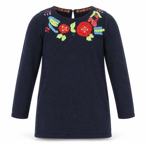 Indigo Girls Blue Round Neck Cotton Tunic Jumper Size 3-4 Years Button - Flowers