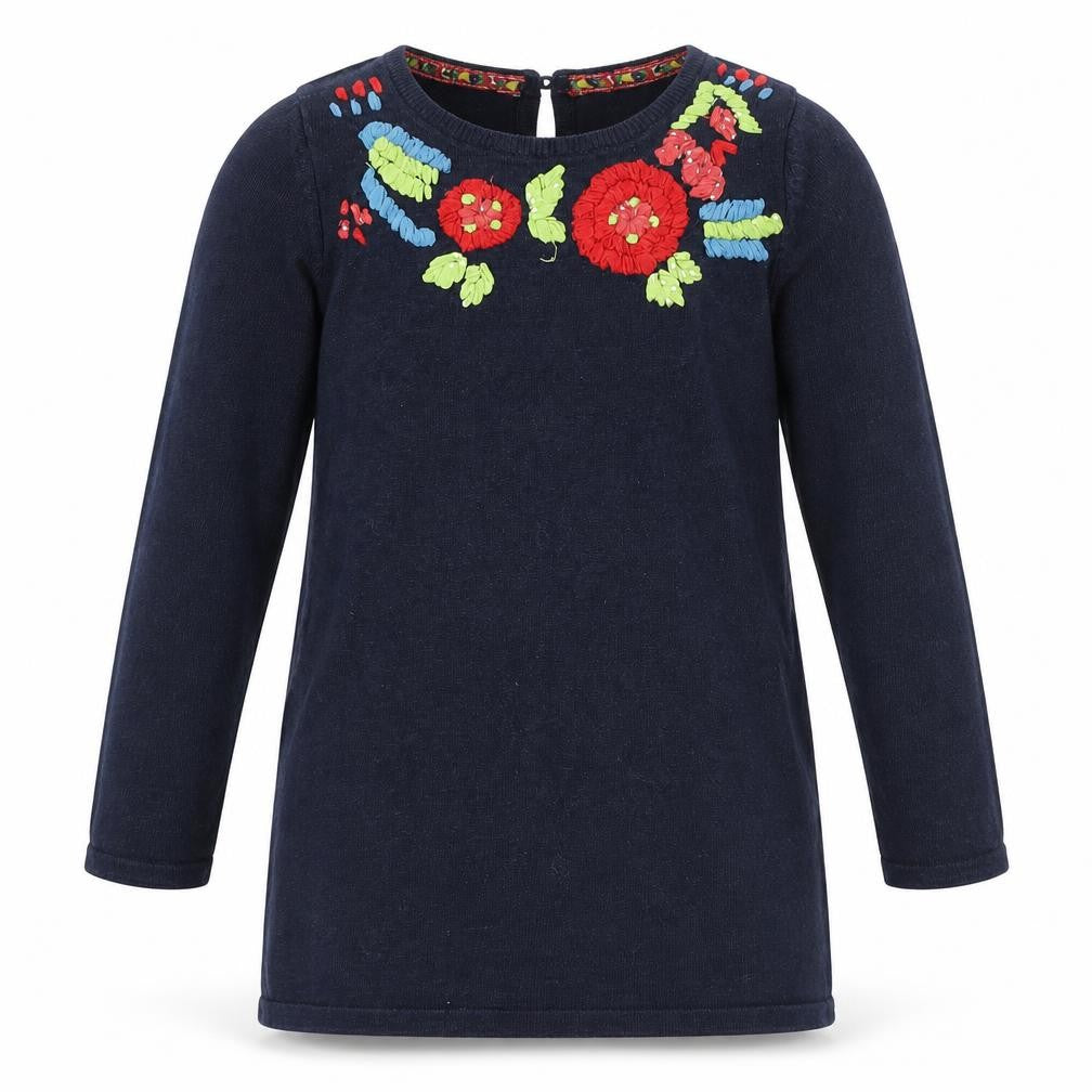 Indigo Girls Blue Round Neck Cotton Tunic Jumper Size 3-4 Years Button - Flowers