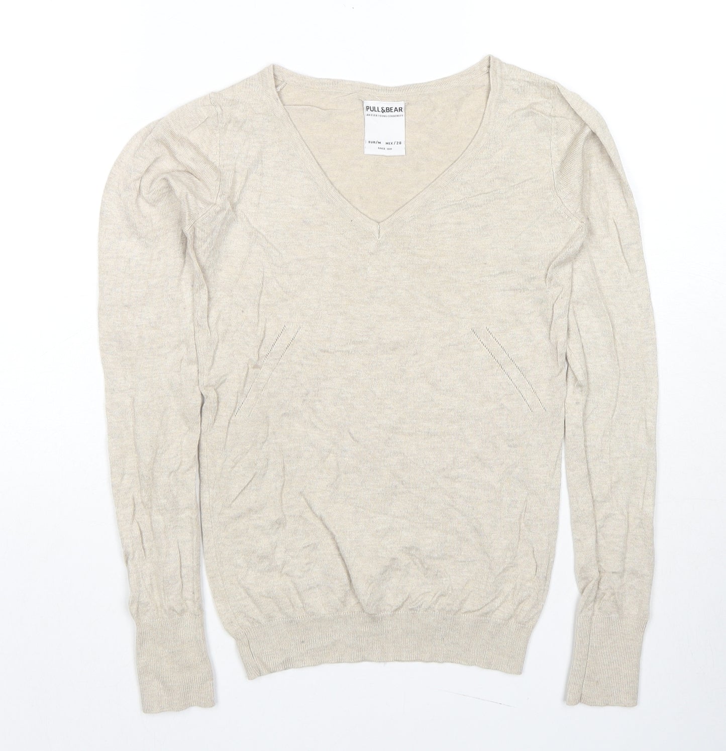 Pull&Bear Womens Beige Round Neck Polyester Pullover Jumper Size M