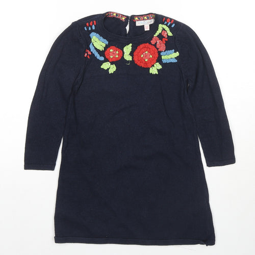 Indigo Girls Blue Round Neck Cotton Tunic Jumper Size 3-4 Years Button - Flowers