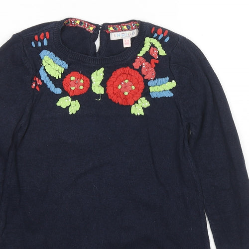 Indigo Girls Blue Round Neck Cotton Tunic Jumper Size 3-4 Years Button - Flowers