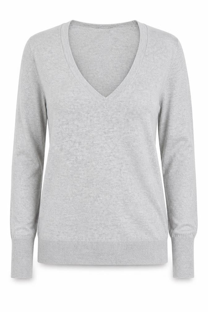 Front view of Dorothy Perkins women’s grey v-neck cotton jumper, size UK 12