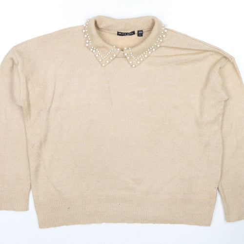 Brave Soul Womens Beige Collared Acetate Pullover Jumper Size L - Pearl Detail