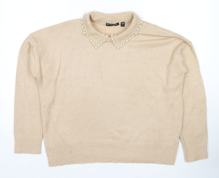 Brave Soul Womens Beige Collared Acetate Pullover Jumper Size L - Pearl Detail