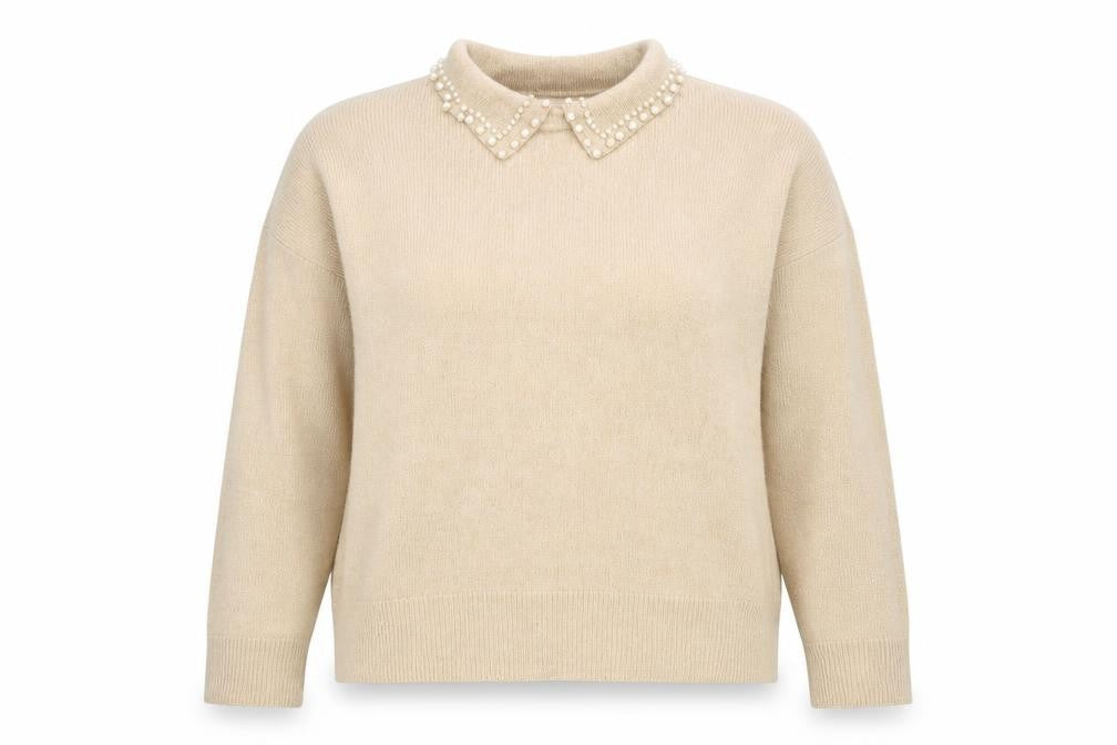 Brave Soul Womens Beige Collared Acetate Pullover Jumper Size L - Pearl Detail