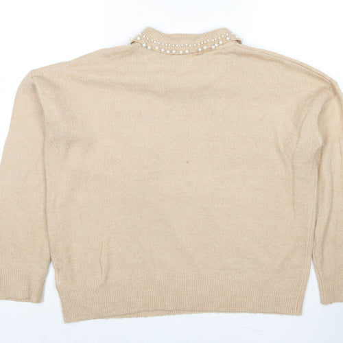 Brave Soul Womens Beige Collared Acetate Pullover Jumper Size L - Pearl Detail