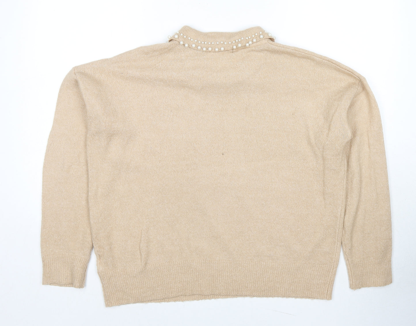 Brave Soul Womens Beige Collared Acetate Pullover Jumper Size L - Pearl Detail