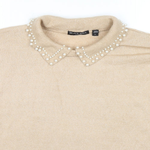 Brave Soul Womens Beige Collared Acetate Pullover Jumper Size L - Pearl Detail