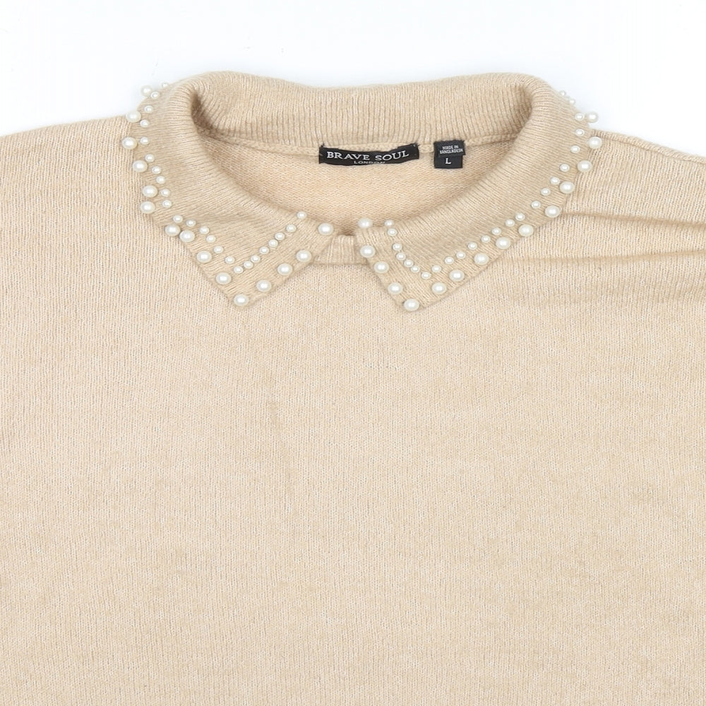 Brave Soul Womens Beige Collared Acetate Pullover Jumper Size L - Pearl Detail