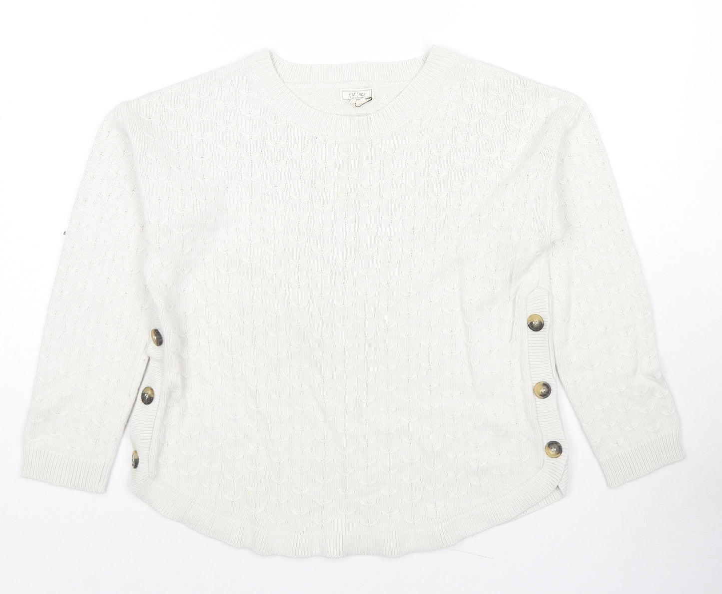 Fat Face Womens Ivory Round Neck Acrylic Pullover Jumper Size 12 - Button Detail