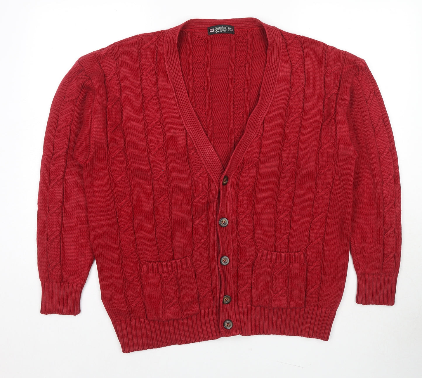 St Michael Womens Red V-Neck Cotton Cardigan Jumper Size 14