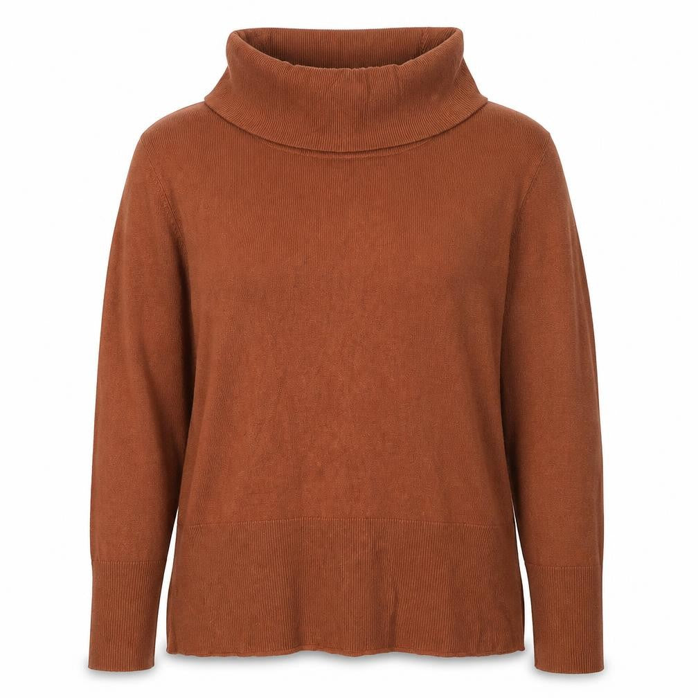Front view of Soyaconcept women’s brown roll neck viscose jumper, size 2XL