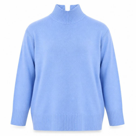 Front view of H&M women’s blue mock neck acrylic tunic jumper, size M