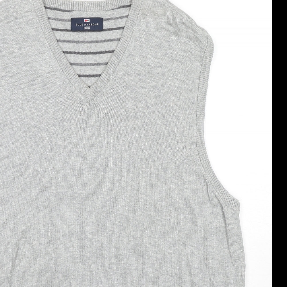 Blue Harbour Mens Grey V-Neck Cotton Vest Jumper Size L Sleeveless