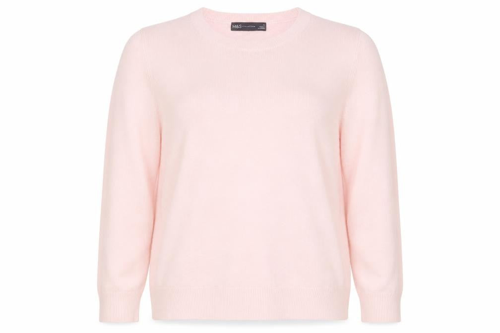 Front view of Marks & Spencer women’s pink round neck acrylic jumper, size UK 14