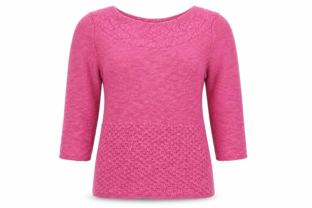 Front view of Marks & Spencer women’s pink round neck acrylic jumper, size UK 12