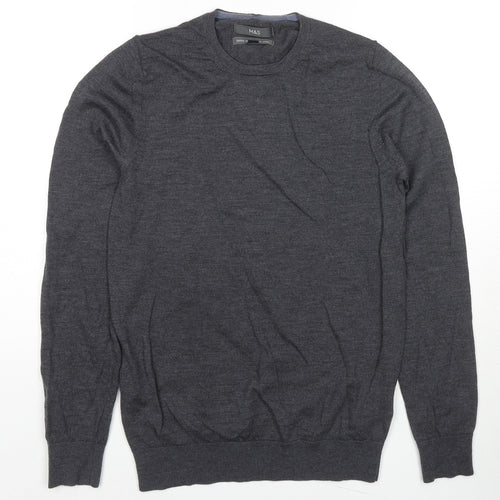 Marks and Spencer Mens Grey Round Neck Wool Pullover Jumper Size S Long Sleeve