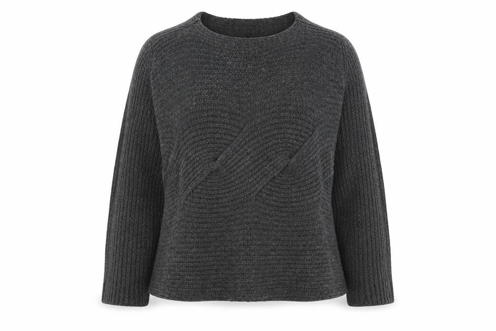 Front view of Pemizzi women’s grey boat neck acrylic jumper, size UK 12