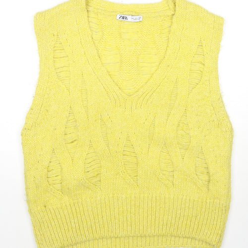 Zara Womens Yellow V-Neck Acrylic Vest Jumper Size L