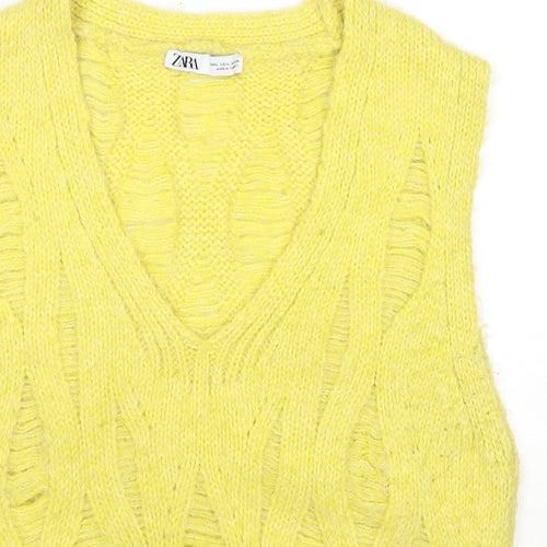 Zara Womens Yellow V-Neck Acrylic Vest Jumper Size L