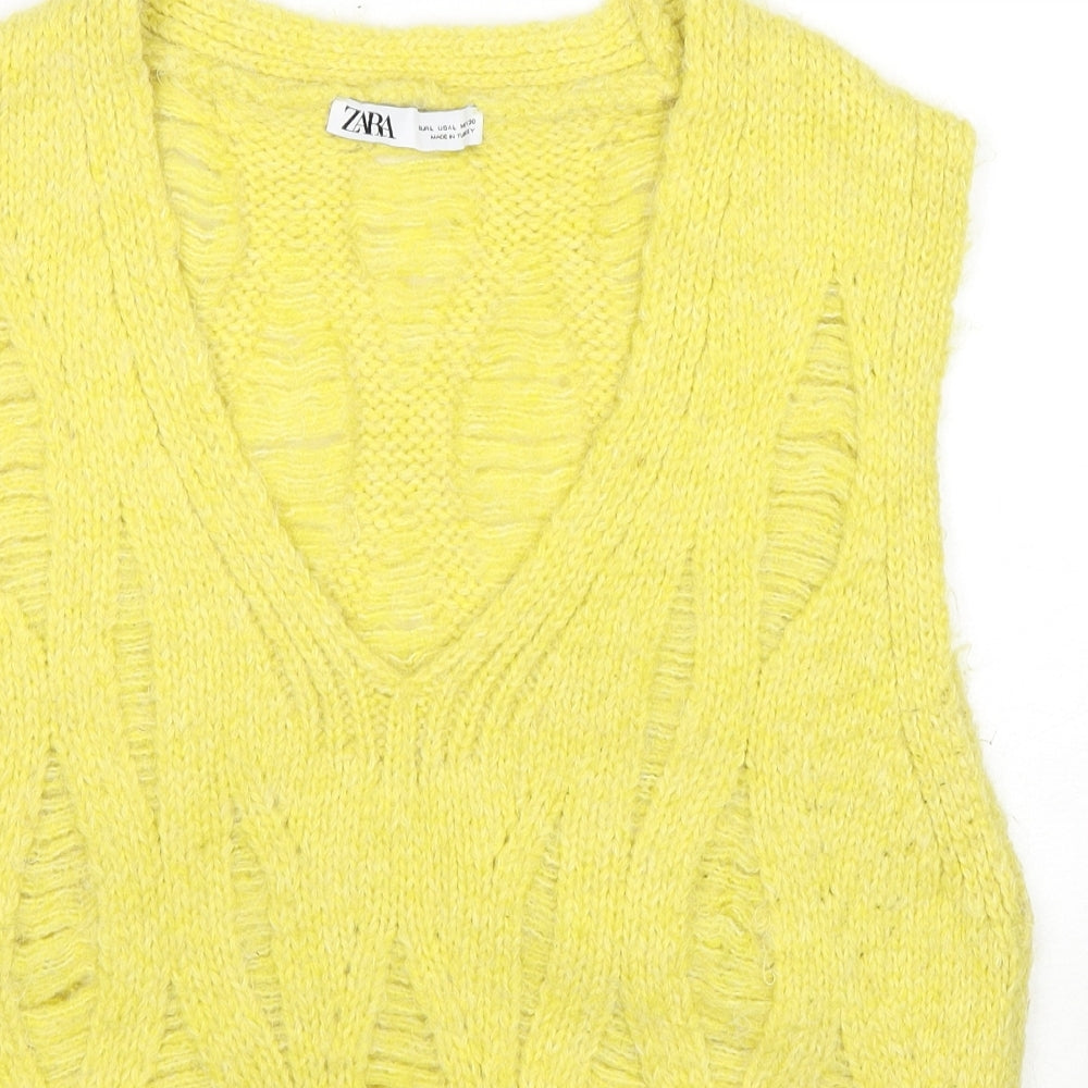 Zara Womens Yellow V-Neck Acrylic Vest Jumper Size L