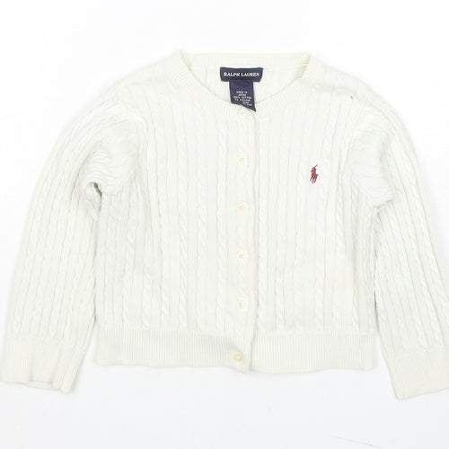 Ralph Lauren Boys White Round Neck Cotton Cardigan Jumper Size 2 Years Button