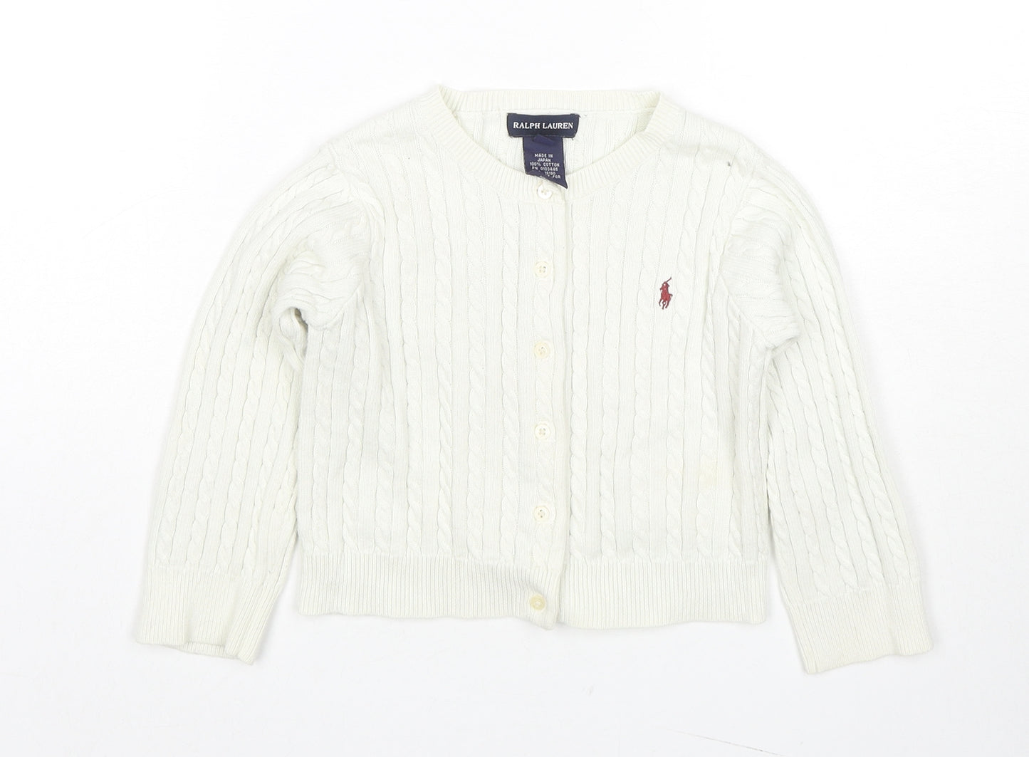 Ralph Lauren Boys White Round Neck Cotton Cardigan Jumper Size 2 Years Button