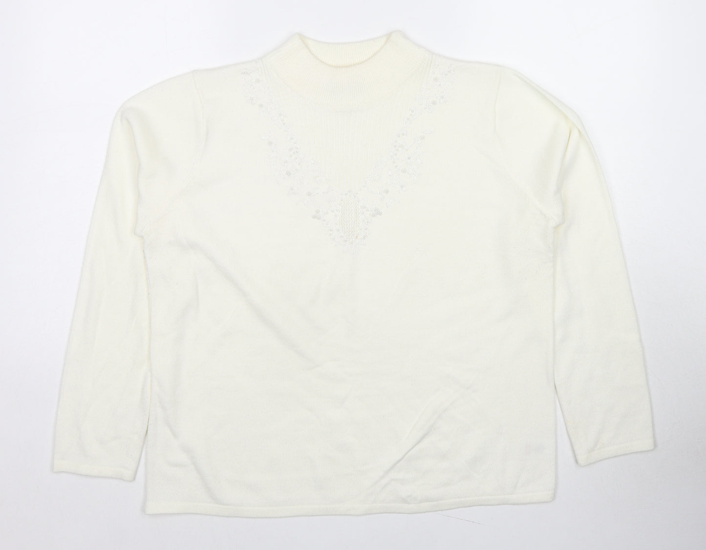 Bonmarché Womens White Round Neck Acrylic Pullover Jumper Size M - Beaded Detail